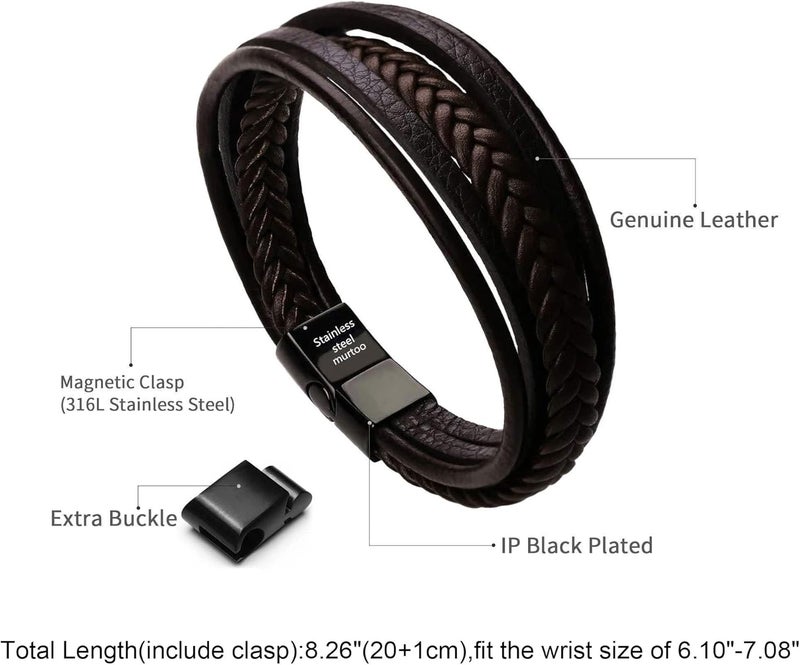 Murtoo Mens Leather Bracelet with Clasp Cowhide Multi-Layer Braided Leather Mens Bracelet - Image 2